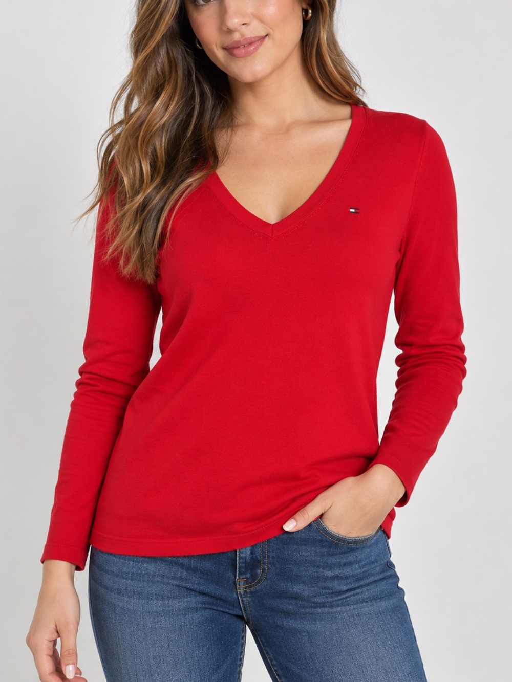 Tommy Hilfiger Red V‑Neck Long Sleeve Top